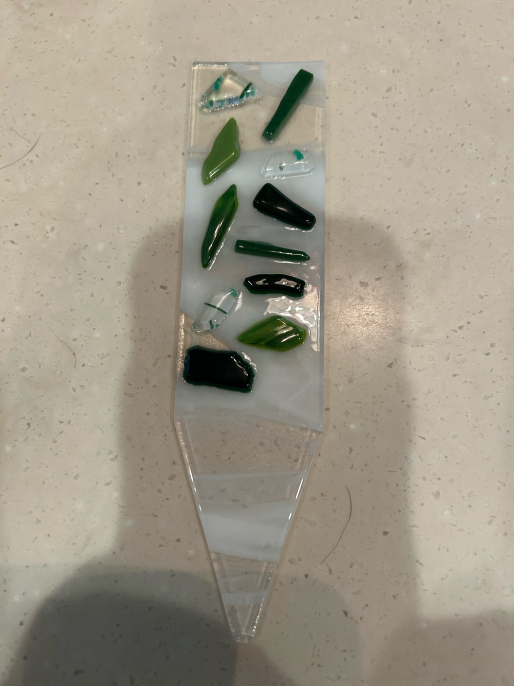 Handmade Glass Plant Stake - Clear/White Glass with Green Accents